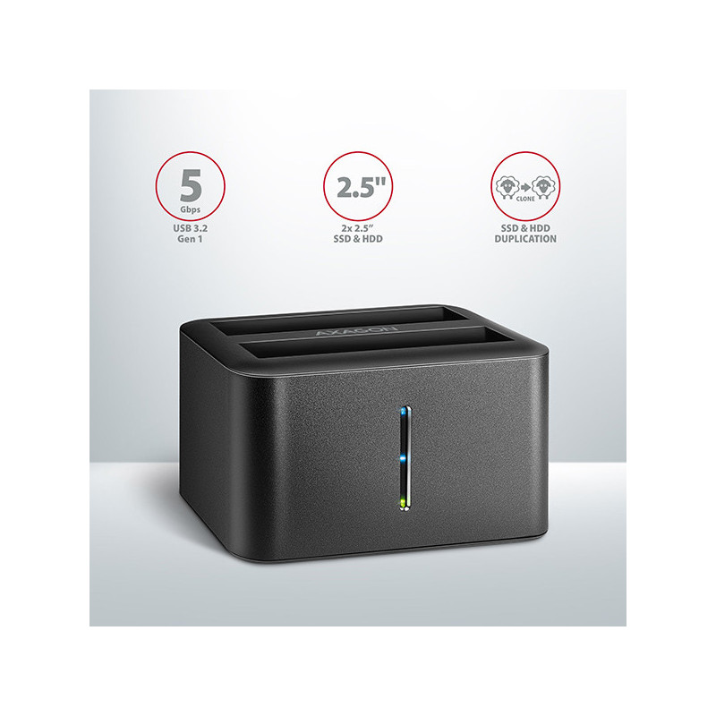 AXAGON ADSA-D25, USB 3.2 Gen 1 - 2x SATA 6G 2.5" SSD/HDD CLONE MINI dokovacia stanica