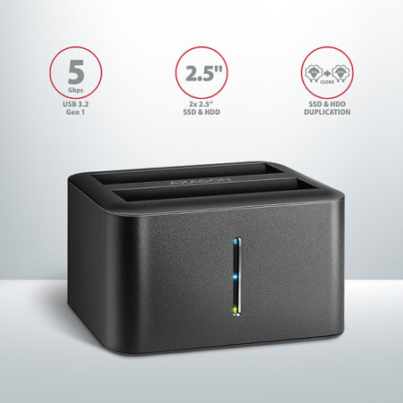 AXAGON ADSA-D25, USB 3.2 Gen 1 - 2x SATA 6G 2.5" SSD/HDD CLONE MINI dokovacia stanica