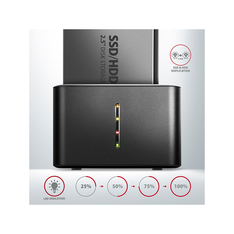AXAGON ADSA-D25, USB 3.2 Gen 1 - 2x SATA 6G 2.5" SSD/HDD CLONE MINI dokovacia stanica