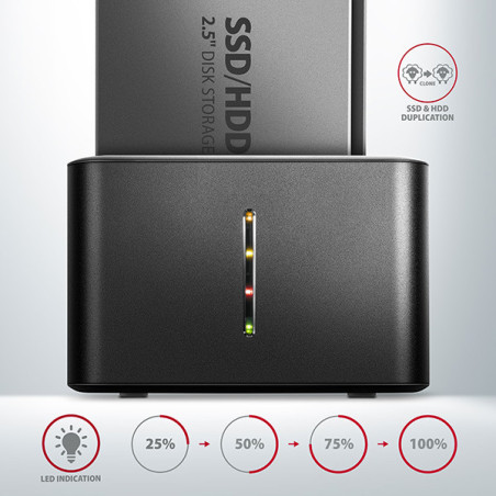 AXAGON ADSA-D25, USB 3.2 Gen 1 - 2x SATA 6G 2.5" SSD/HDD CLONE MINI dokovacia stanica