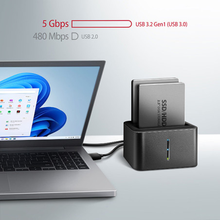 AXAGON ADSA-D25, USB 3.2 Gen 1 - 2x SATA 6G 2.5" SSD/HDD CLONE MINI dokovacia stanica