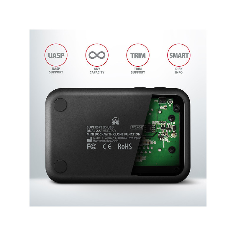 AXAGON ADSA-D25, USB 3.2 Gen 1 - 2x SATA 6G 2.5" SSD/HDD CLONE MINI dokovacia stanica