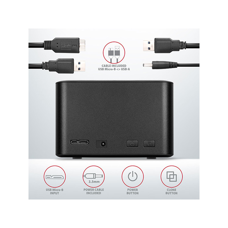 AXAGON ADSA-D25, USB 3.2 Gen 1 - 2x SATA 6G 2.5" SSD/HDD CLONE MINI dokovacia stanica