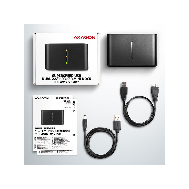 AXAGON ADSA-D25, USB 3.2 Gen 1 - 2x SATA 6G 2.5" SSD/HDD CLONE MINI dokovacia stanica