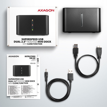 AXAGON ADSA-D25, USB 3.2 Gen 1 - 2x SATA 6G 2.5" SSD/HDD CLONE MINI dokovacia stanica