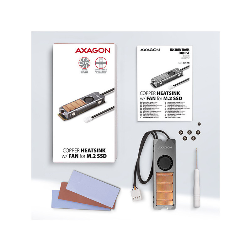 AXAGON CLR-M2FAN, medený chladič s ventilátorom pre jedno aj obojstranný M.2 SSD disk, výška 13 mm