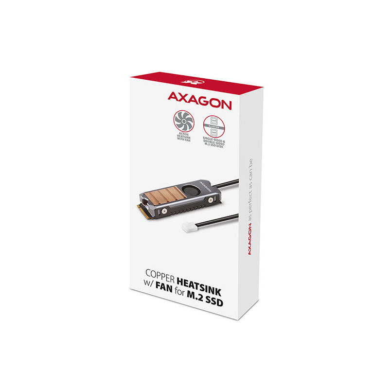 AXAGON CLR-M2FAN, medený chladič s ventilátorom pre jedno aj obojstranný M.2 SSD disk, výška 13 mm