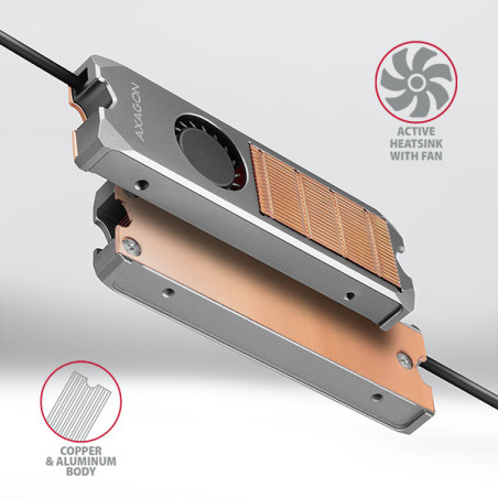AXAGON CLR-M2FAN, medený chladič s ventilátorom pre jedno aj obojstranný M.2 SSD disk, výška 13 mm