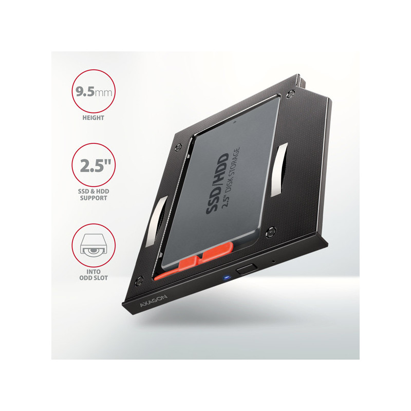 AXAGON RSS-CD09 rámček pre 2.5" SSD/HDD do DVD slotu, 9.5 mm, LED, hliník