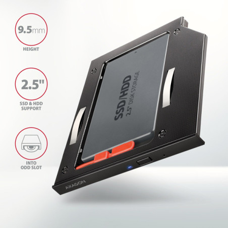 AXAGON RSS-CD09 rámček pre 2.5" SSD/HDD do DVD slotu, 9.5 mm, LED, hliník
