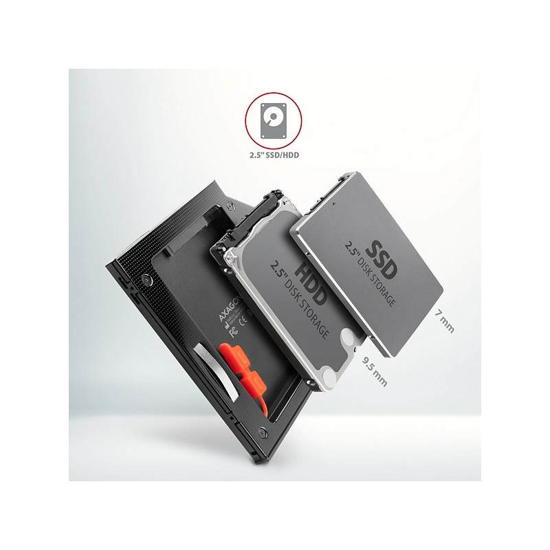 AXAGON RSS-CD09 rámček pre 2.5" SSD/HDD do DVD slotu, 9.5 mm, LED, hliník