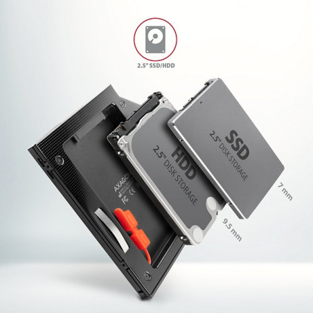 AXAGON RSS-CD09 rámček pre 2.5" SSD/HDD do DVD slotu, 9.5 mm, LED, hliník