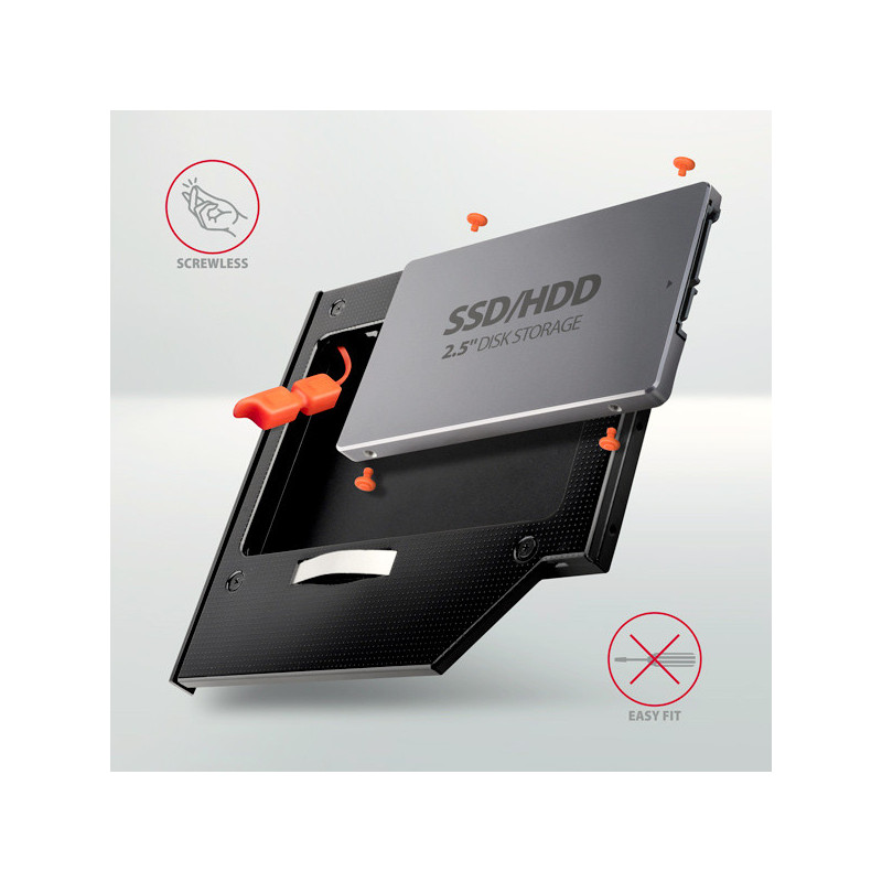 AXAGON RSS-CD09 rámček pre 2.5" SSD/HDD do DVD slotu, 9.5 mm, LED, hliník