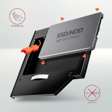 AXAGON RSS-CD09 rámček pre 2.5" SSD/HDD do DVD slotu, 9.5 mm, LED, hliník