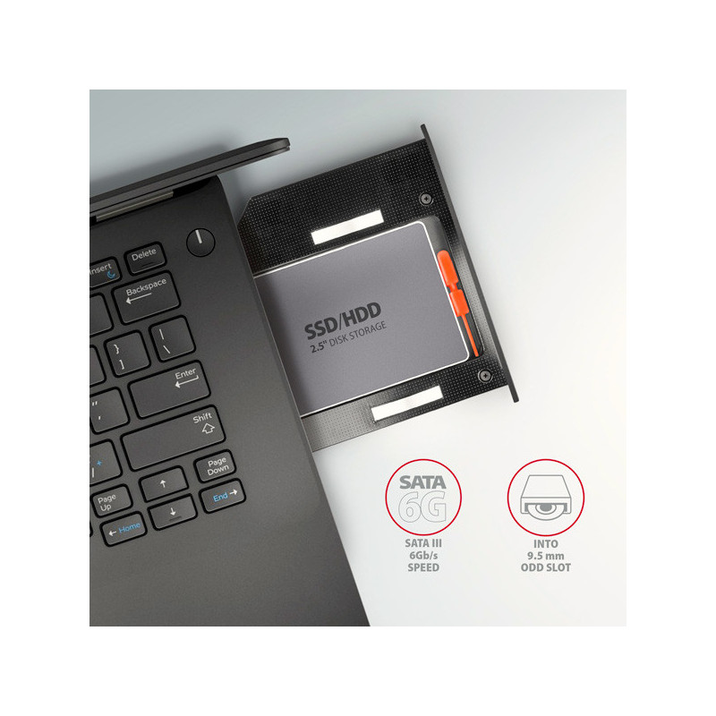 AXAGON RSS-CD09 rámček pre 2.5" SSD/HDD do DVD slotu, 9.5 mm, LED, hliník