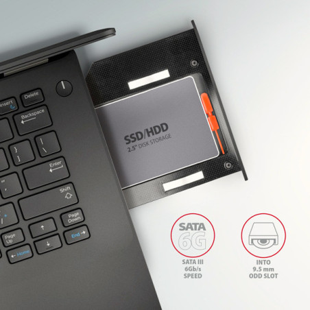 AXAGON RSS-CD09 rámček pre 2.5" SSD/HDD do DVD slotu, 9.5 mm, LED, hliník
