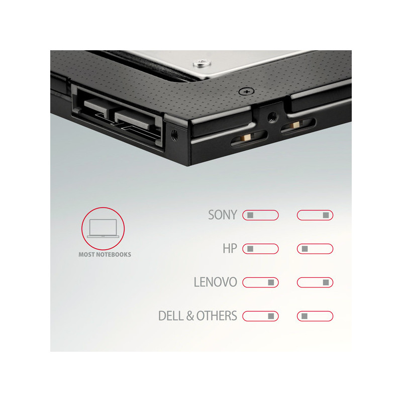 AXAGON RSS-CD09 rámček pre 2.5" SSD/HDD do DVD slotu, 9.5 mm, LED, hliník