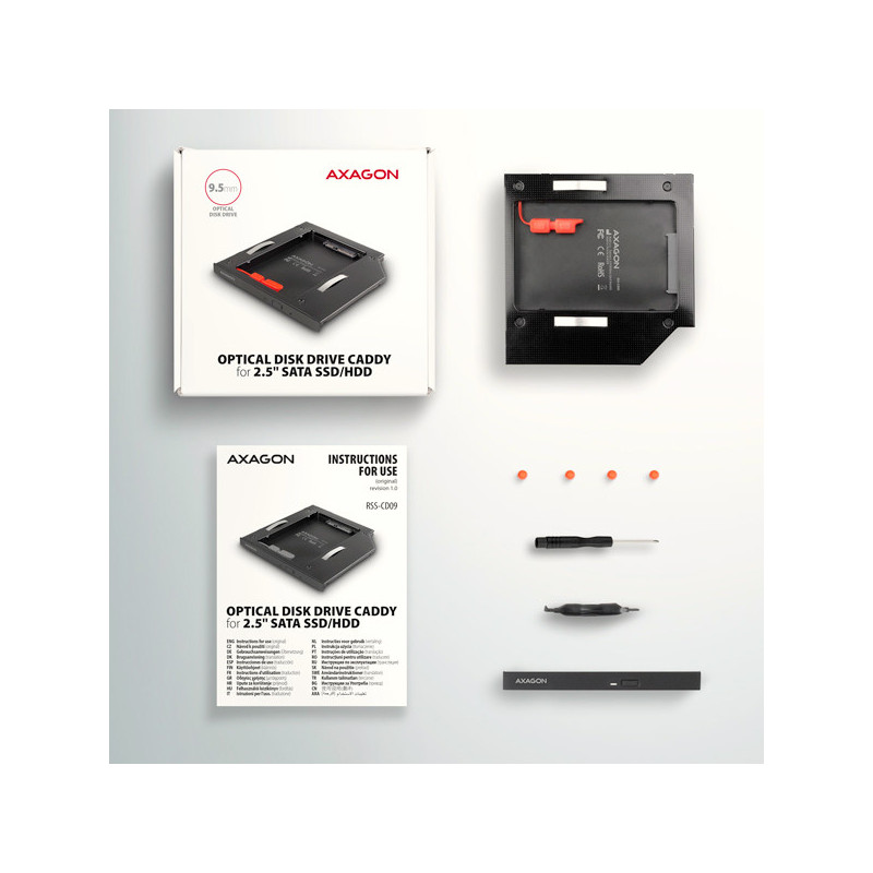 AXAGON RSS-CD09 rámček pre 2.5" SSD/HDD do DVD slotu, 9.5 mm, LED, hliník