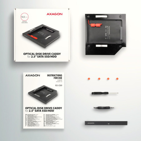AXAGON RSS-CD09 rámček pre 2.5" SSD/HDD do DVD slotu, 9.5 mm, LED, hliník