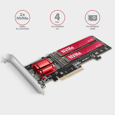 AXAGON PCEM2-ND, PCIe x8 radič - 2x M.2 NVMe M-key slot, RAID, podpora dosiek bez bifurkácie, vr. LP