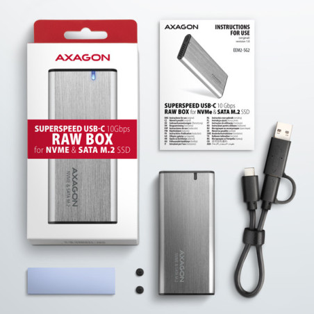 AXAGON EEM2-SB2, USB-C 3.2 Gen 2 - M.2 NVMe & SATA SSD kovový RAW box, bezskrutkový, čierny
