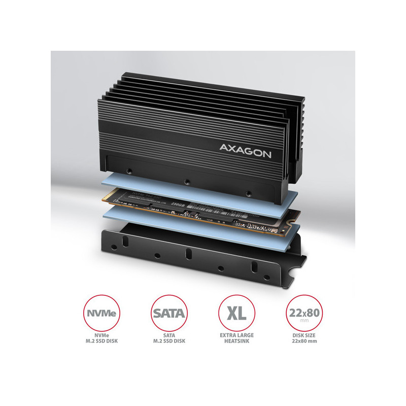 AXAGON CLR-M2XL, hliníkový pasívny chladič pre jedno aj obojstranný M.2 SSD disk, výška 36 mm