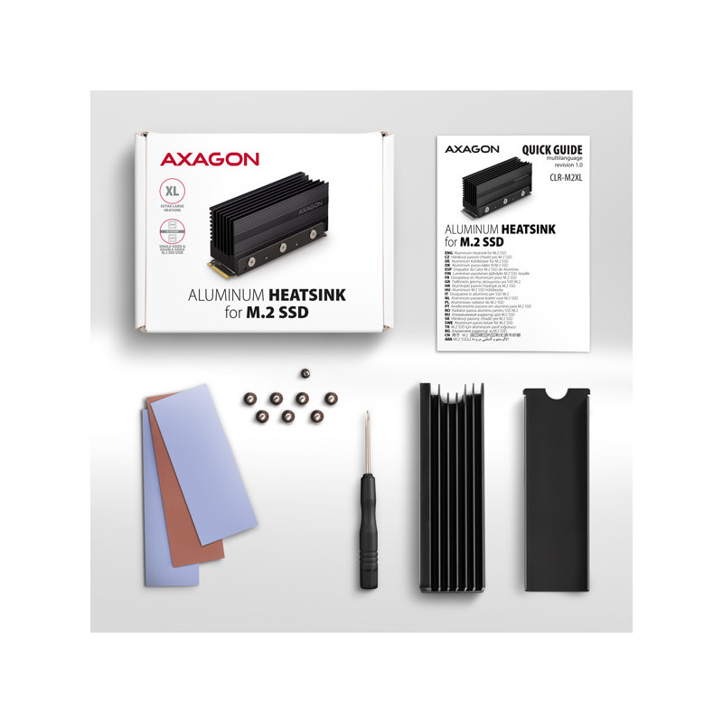 AXAGON CLR-M2XL, hliníkový pasívny chladič pre jedno aj obojstranný M.2 SSD disk, výška 36 mm