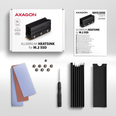 AXAGON CLR-M2XL, hliníkový pasívny chladič pre jedno aj obojstranný M.2 SSD disk, výška 36 mm