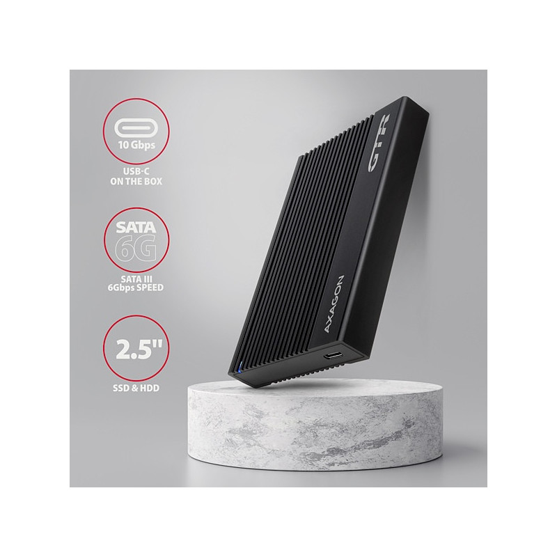 AXAGON EE25-GTR, USB-C 10Gbps - SATA 6G 2.5" RIBBED box, čierny