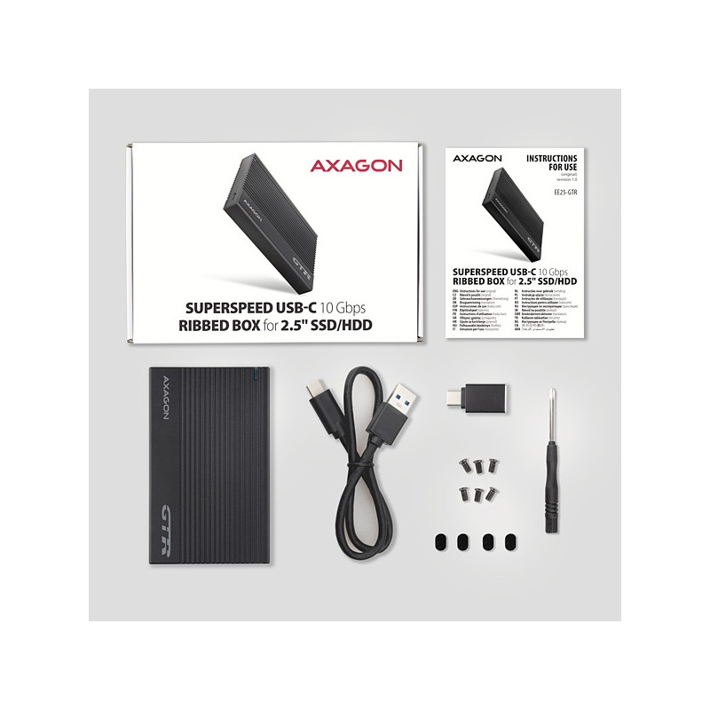 AXAGON EE25-GTR, USB-C 10Gbps - SATA 6G 2.5" RIBBED box, čierny