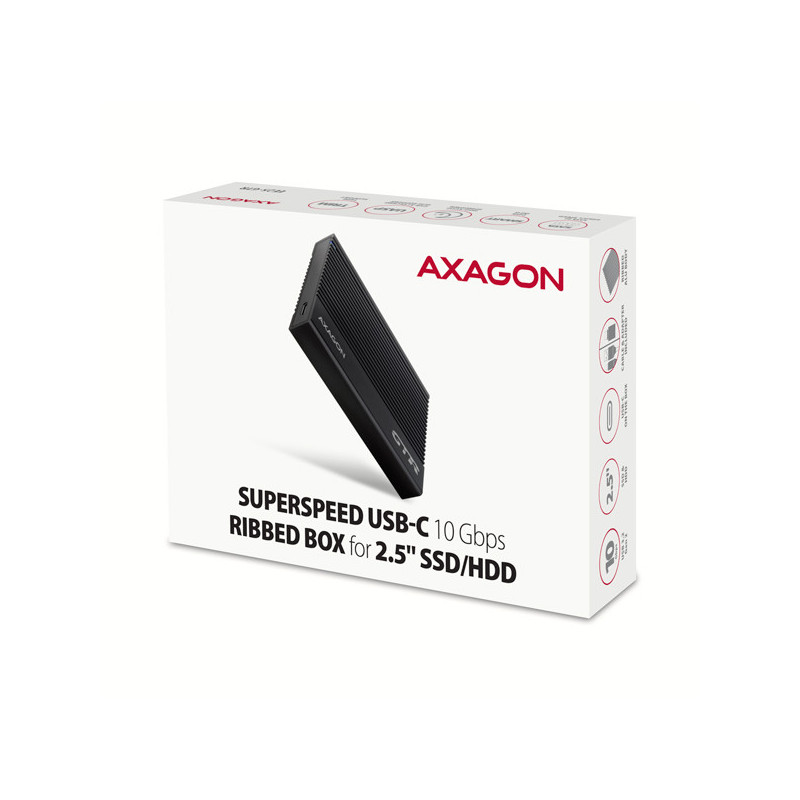 AXAGON EE25-GTR, USB-C 10Gbps - SATA 6G 2.5" RIBBED box, čierny