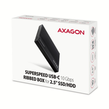 AXAGON EE25-GTR, USB-C 10Gbps - SATA 6G 2.5" RIBBED box, čierny