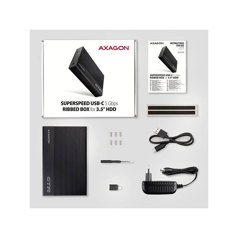 AXAGON EE35-GTR, USB-C 5Gbps - SATA 6G 3.5" RIBBED box, čierny