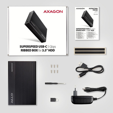 AXAGON EE35-GTR, USB-C 5Gbps - SATA 6G 3.5" RIBBED box, čierny
