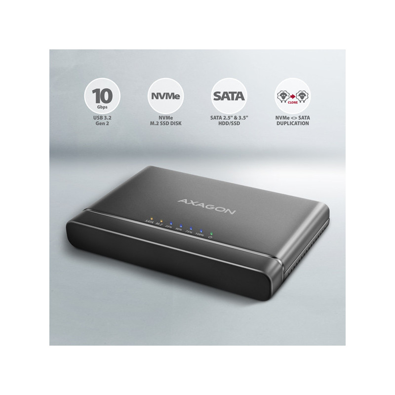 AXAGON ADSA-CC USB-C 10 Gbps - NVMe M.2 SSD & SATA 2.5"/3.5" SSD/HDD CLONE MASTER 2