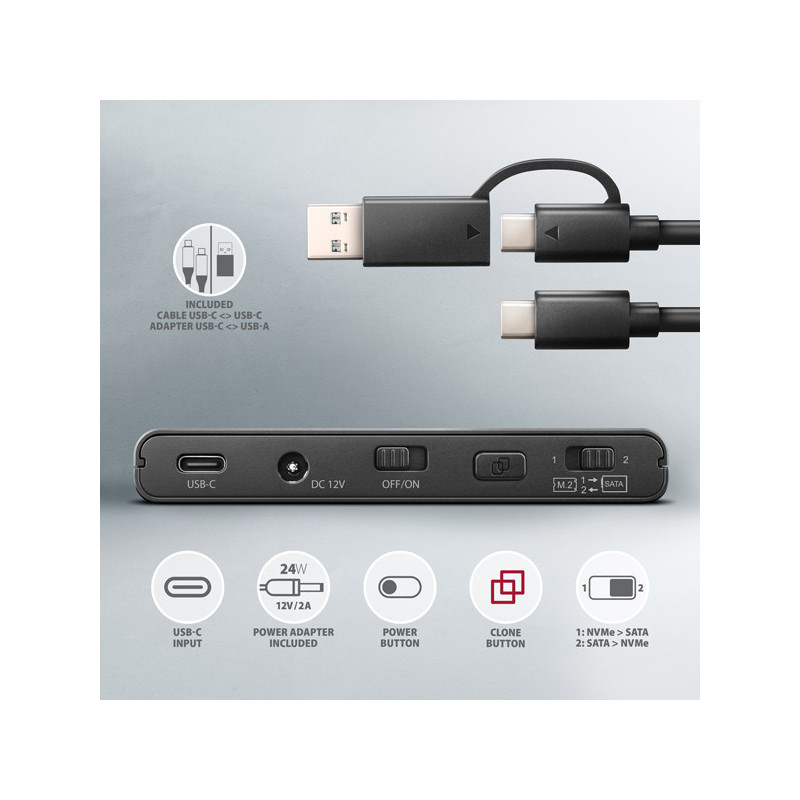 AXAGON ADSA-CC USB-C 10 Gbps - NVMe M.2 SSD & SATA 2.5"/3.5" SSD/HDD CLONE MASTER 2