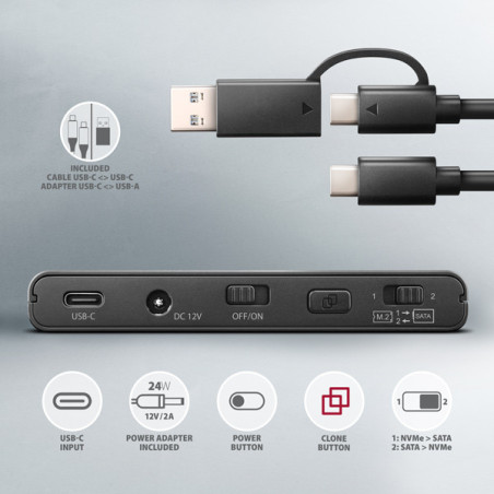 AXAGON ADSA-CC USB-C 10 Gbps - NVMe M.2 SSD & SATA 2.5"/3.5" SSD/HDD CLONE MASTER 2