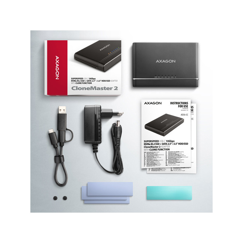 AXAGON ADSA-CC USB-C 10 Gbps - NVMe M.2 SSD & SATA 2.5"/3.5" SSD/HDD CLONE MASTER 2