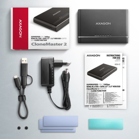 AXAGON ADSA-CC USB-C 10 Gbps - NVMe M.2 SSD & SATA 2.5"/3.5" SSD/HDD CLONE MASTER 2