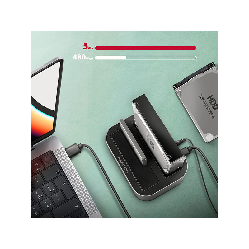 AXAGON ADSA-DC, USB-C 5Gbps - 2x SATA 6G 2.5"/3.5" SSD/HDD CLONE DUAL dokovacia stanica