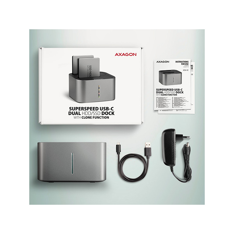 AXAGON ADSA-DC, USB-C 5Gbps - 2x SATA 6G 2.5"/3.5" SSD/HDD CLONE DUAL dokovacia stanica