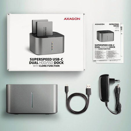 AXAGON ADSA-DC, USB-C 5Gbps - 2x SATA 6G 2.5"/3.5" SSD/HDD CLONE DUAL dokovacia stanica