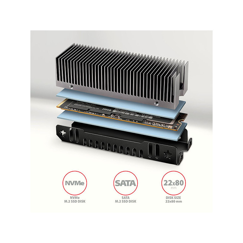 AXAGON CLR-M2XT, hliníkový pasívny chladič pre jedno aj obojstranný M.2 SSD disk, výška 24 mm