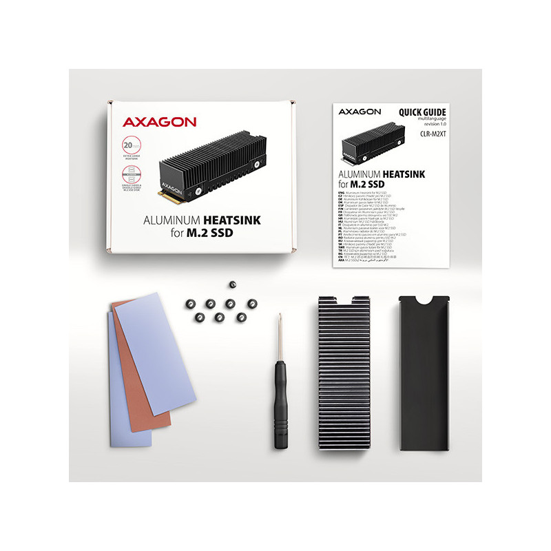 AXAGON CLR-M2XT, hliníkový pasívny chladič pre jedno aj obojstranný M.2 SSD disk, výška 24 mm