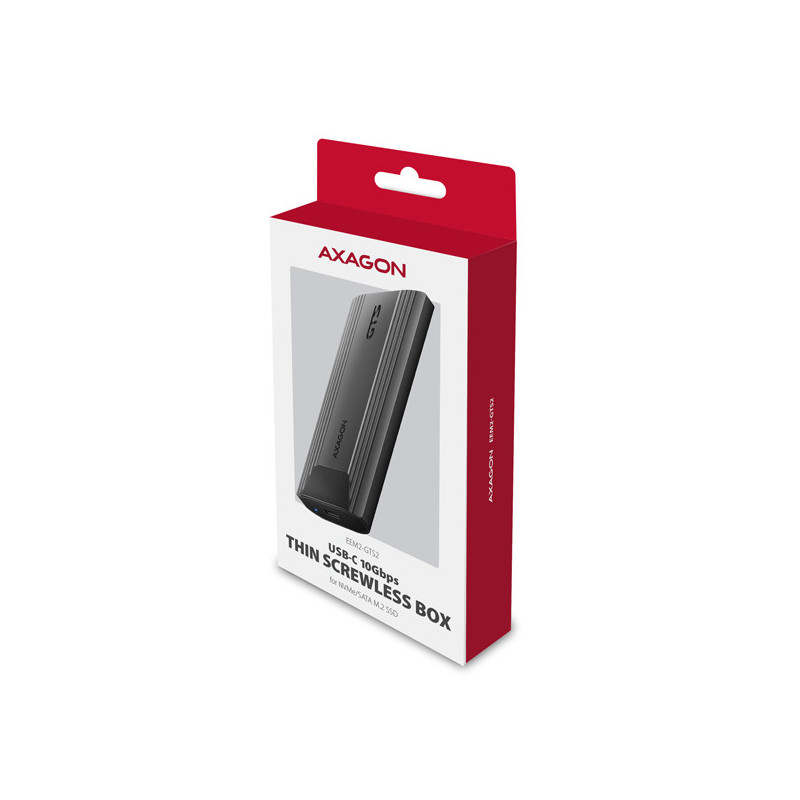 AXAGON EEM2-GTS2, 10Gbps USB-C - M.2 NVMe & SATA SSD kovový THIN box, bezskrutkový