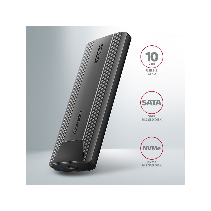 AXAGON EEM2-GTS2, 10Gbps USB-C - M.2 NVMe & SATA SSD kovový THIN box, bezskrutkový