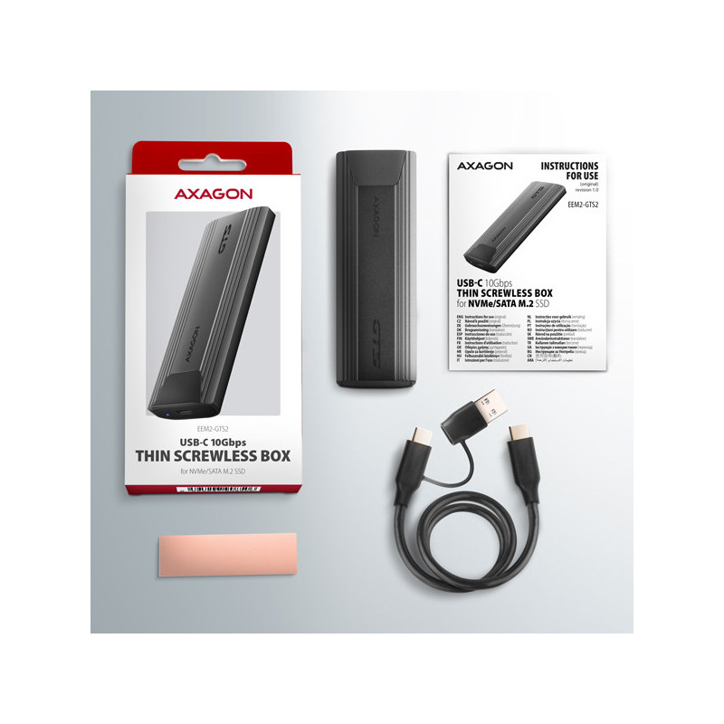 AXAGON EEM2-GTS2, 10Gbps USB-C - M.2 NVMe & SATA SSD kovový THIN box, bezskrutkový