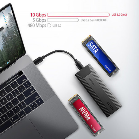 AXAGON EEM2-GTS2, 10Gbps USB-C - M.2 NVMe & SATA SSD kovový THIN box, bezskrutkový