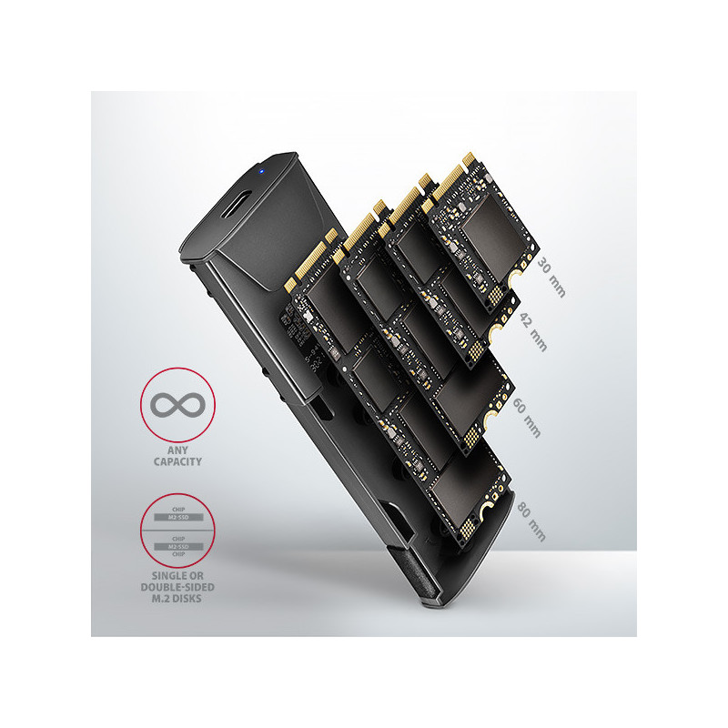 AXAGON EEM2-GTS2, 10Gbps USB-C - M.2 NVMe & SATA SSD kovový THIN box, bezskrutkový