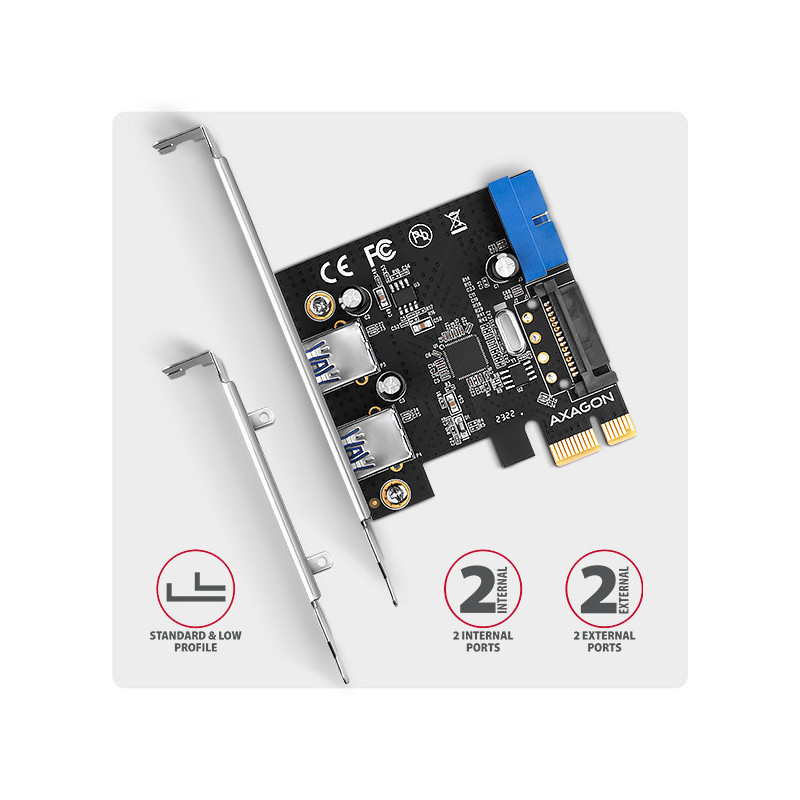 AXAGON PCEU-232RS, PCIe radič, 2+2x USB 5Gbps port, SATA napájanie, Renesas PD720201, SP & LP